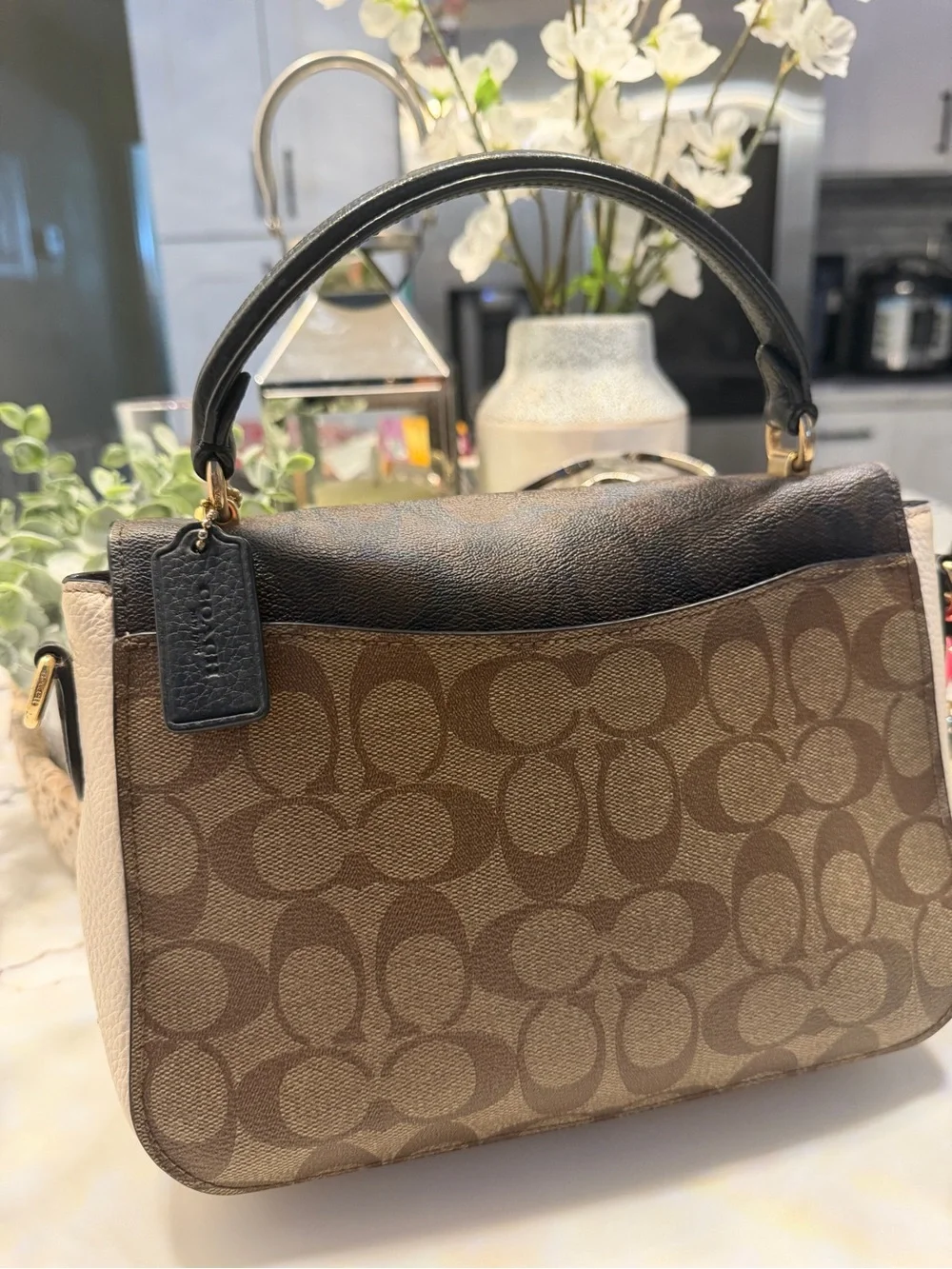 Coach Brown Signature Canvas Satchel with Black Flap and Gold Hardware